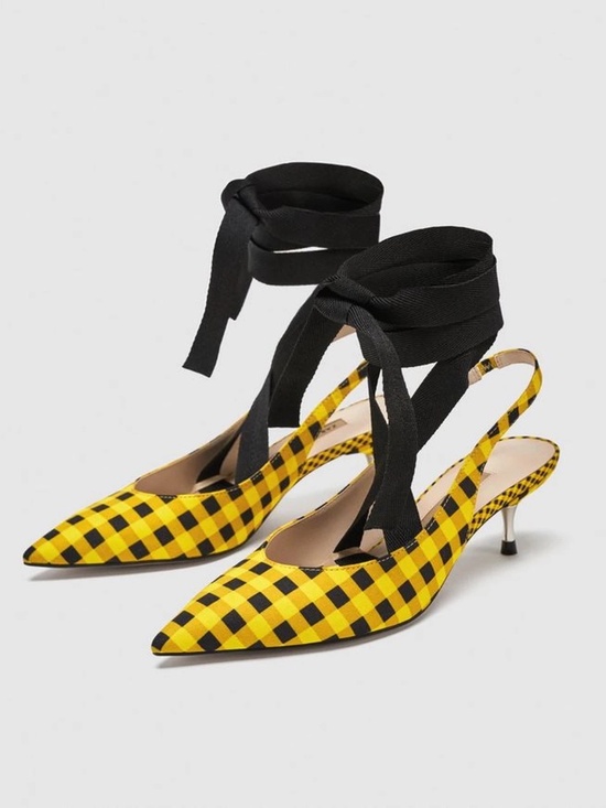 Zara Yellow & Black Check Kitten Heel Slingbacks with Ribbon Ties, Size 9, NWT - Picture 5 of 9